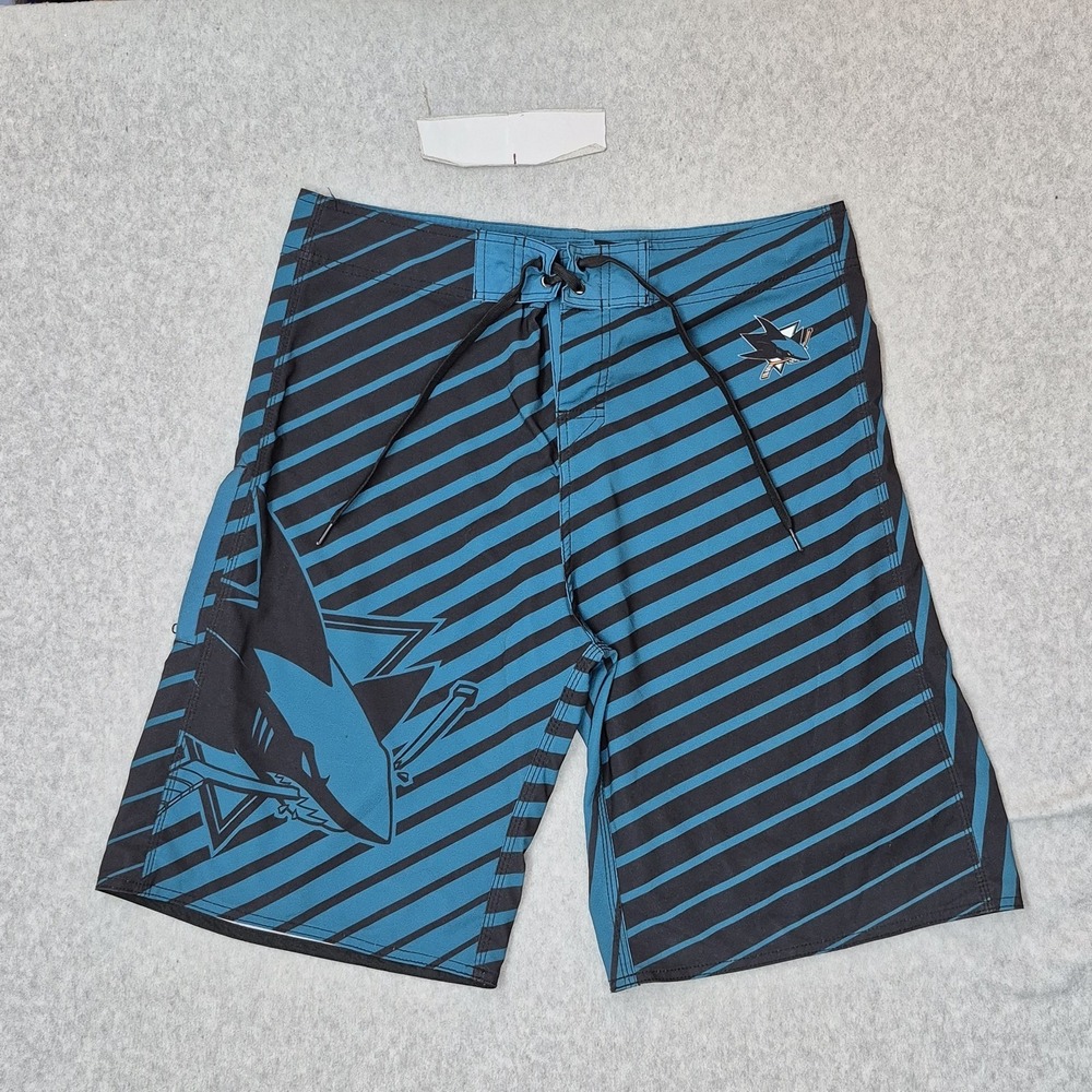 San Jose Sharks Men Shorts 36 Teal Embroidered Swimwear Striped Board Shorts